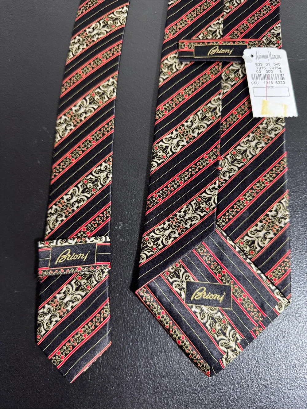 NEW Brioni mens black red stripe abstract 100% silk neck tie NWT